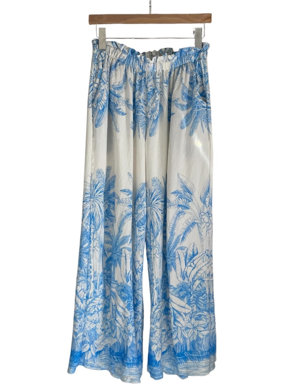 EROS Blue and White Palm Print Extra Wide Leg Palazzo Beach Lounge Pants
